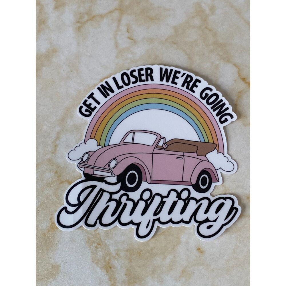 Vinyl Decal Get in Loser We're Going Thrifting Rainbow Pink Beatle Convertible